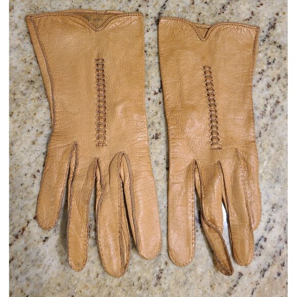 Vintage Size XS-S Brown Leather 8" Gloves Weave Detail - Picture 1 of 14